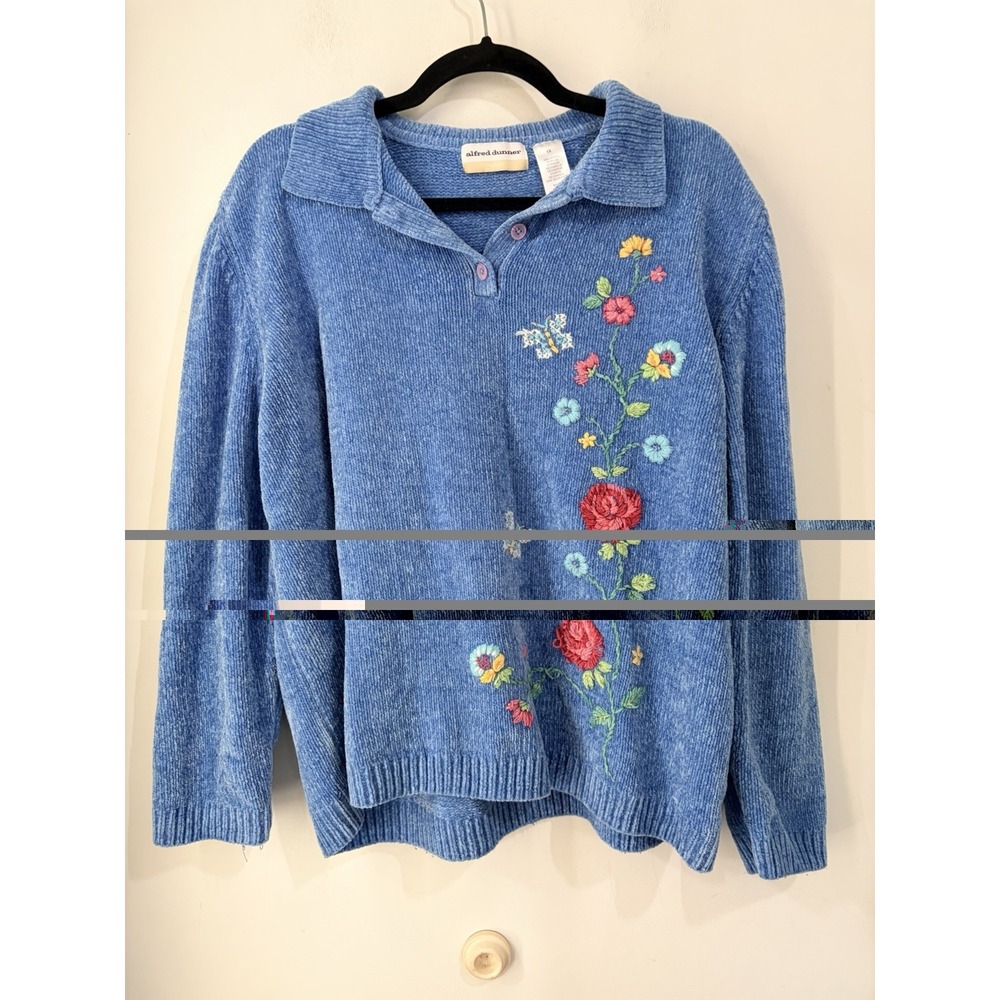 Vintage‎ Alfred Dunner Blue Chenille Sweater Floral Embroidered Collared 1X